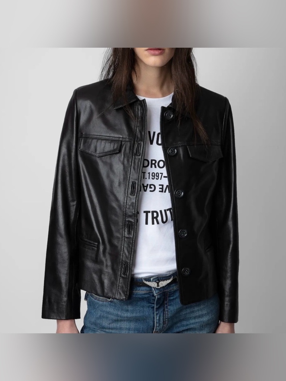 Zadig & Voltaire Liam Lambskin Leather Button-Up Jacket in Black
